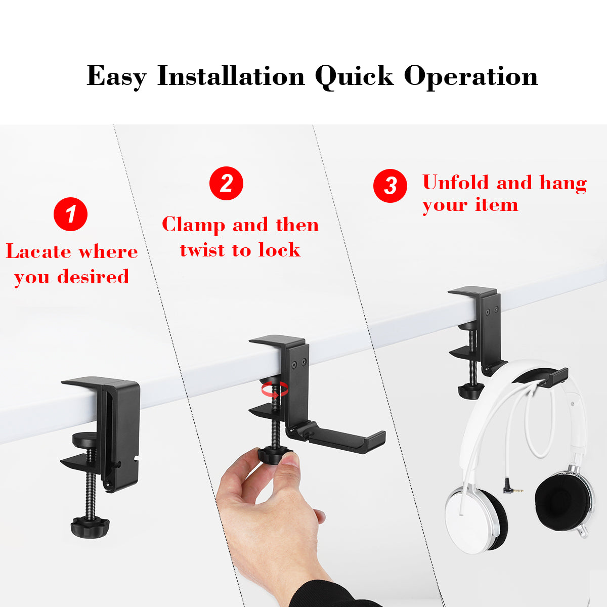 Headphone Holder with Cable Organizer - GINEKOO Aluminum Foldable Headset Stand Hanger Under Desk Save Space Headphone Hook for Universal Headphones
