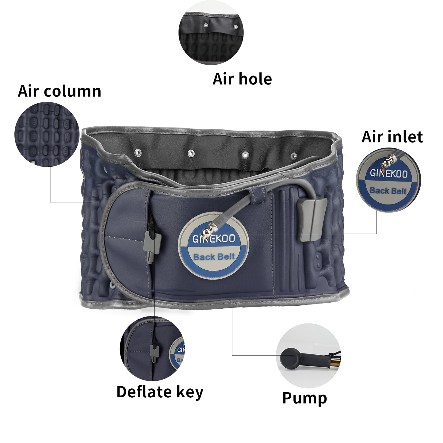 Decompression Back Belt by GINEKOO - Spinal Air Traction Belt for Lumbar Support and Lower Back Pain, Back Support & Lumbar Traction Belt, Navy Blue(29-49 inch Waists)