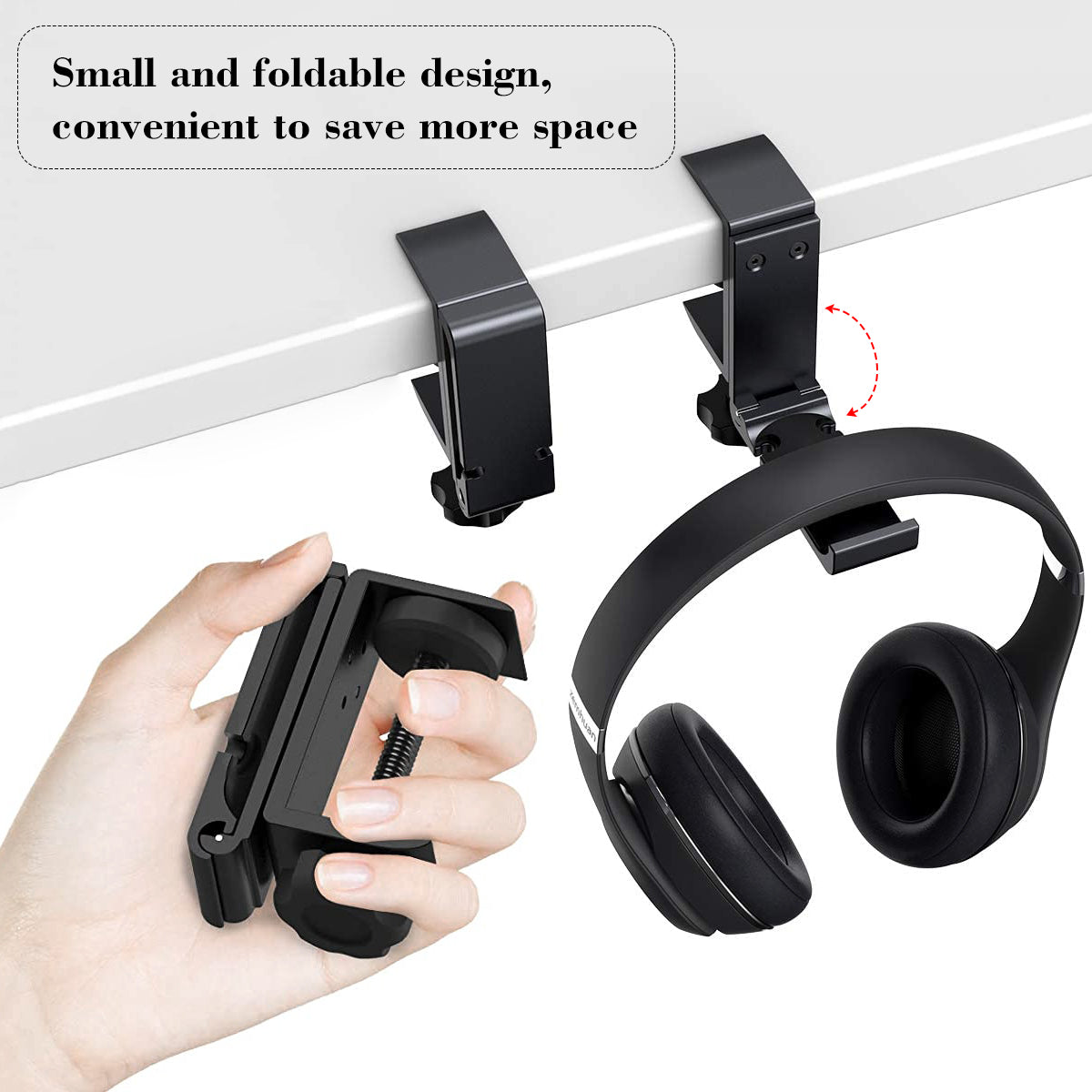 Headphone Holder with Cable Organizer - GINEKOO Aluminum Foldable Headset Stand Hanger Under Desk Save Space Headphone Hook for Universal Headphones