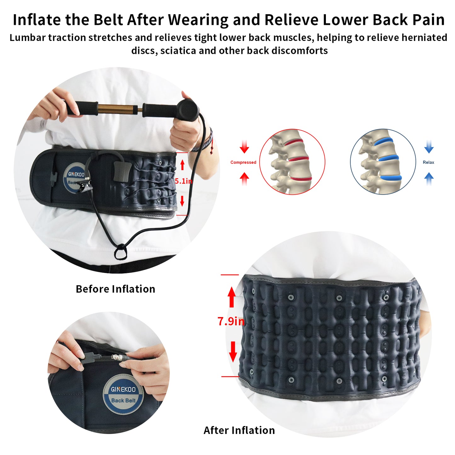 Decompression Back Belt by GINEKOO - Spinal Air Traction Belt for Lumbar Support and Lower Back Pain, Back Support & Lumbar Traction Belt, Navy Blue(29-49 inch Waists)
