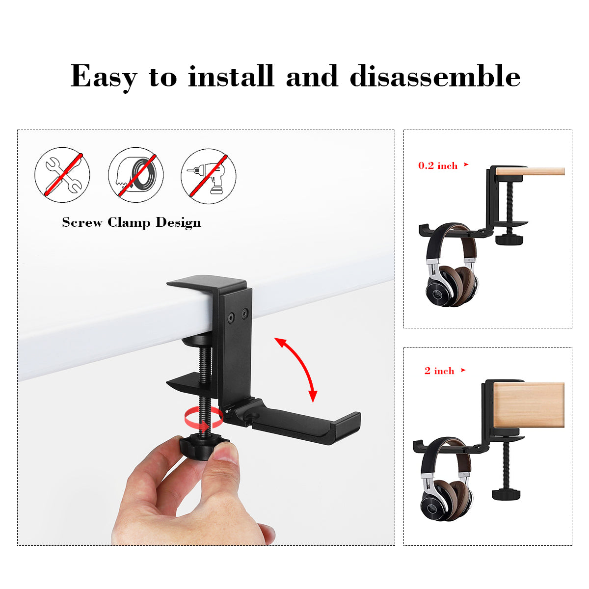 Headphone Holder with Cable Organizer - GINEKOO Aluminum Foldable Headset Stand Hanger Under Desk Save Space Headphone Hook for Universal Headphones